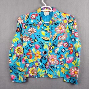 Bamboo Traders Womens Bright Floral Blazer Jacket Colorful Button Front Medium